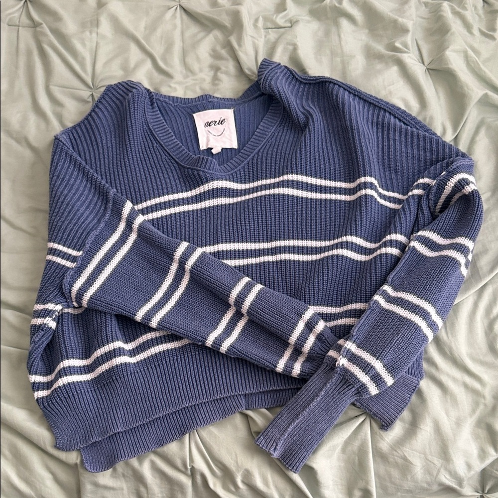 aerie Navy Blue & White Striped Scoop-Neck Sweater
